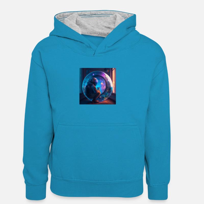 Astronaute et son chat perdus dans l'espace temps - Sweat à capuche contrasté Enfant - bleu paon/gris chiné