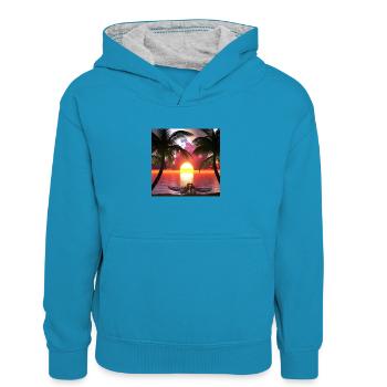 Coucher de soleil - Sweat à capuche contrasté Enfant - bleu paon/gris chiné - Devant