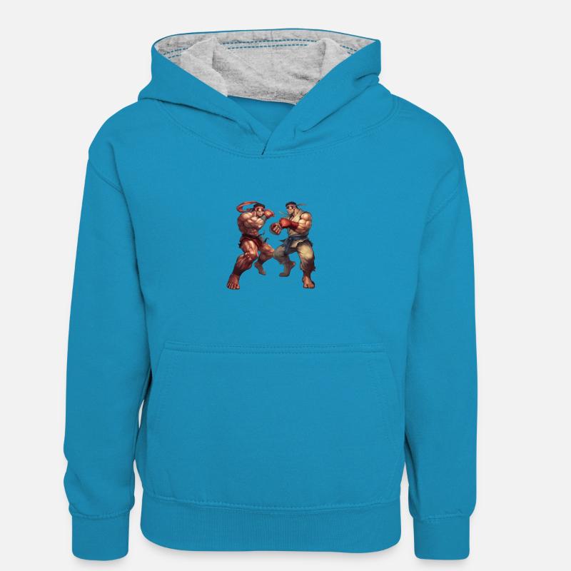 Conceptions dynamiques de style Streetfighter pour le combat - Sweat à capuche contrasté Enfant - bleu paon/gris chiné