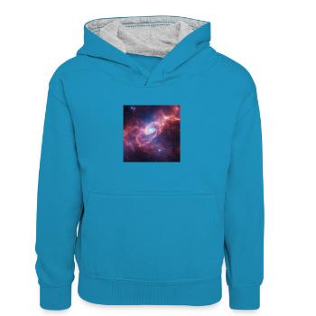 Space Nebula - Kinder Kontrast-Hoodie - Pfauenblau/Grau meliert - Vorne