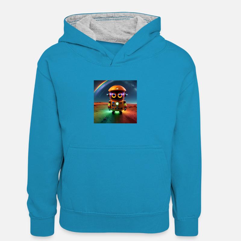 Süßer Bunter Robby Regenbogen - Kinder Kontrast-Hoodie - Pfauenblau/Grau meliert