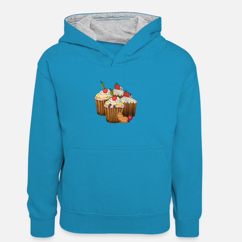Gâteaux - Sweat à capuche contrasté Enfant - bleu paon/gris chiné