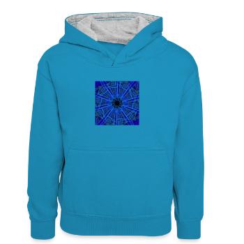 Blaues abstraktes Design - Kinder Kontrast-Hoodie - Pfauenblau/Grau meliert - Vorne