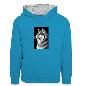 Husky Siberian Husky Hund Gezeichnet - Kinder Kontrast-Hoodie - Pfauenblau/Grau meliert - Vorne