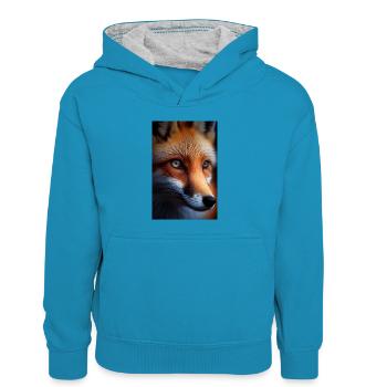 Fuchs Füchse Tier Face - Kinder Kontrast-Hoodie - Pfauenblau/Grau meliert - Vorne