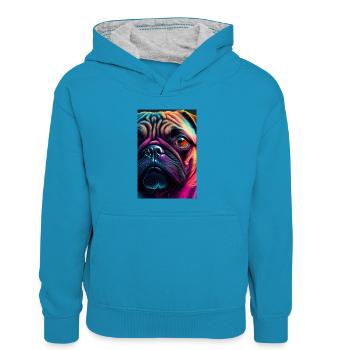 Mops Möpse Hund Colorful Dog - Kinder Kontrast-Hoodie - Pfauenblau/Grau meliert - Vorne