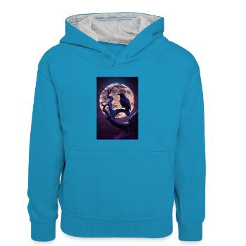 Rabe Raben Krähe Krähen Vogel Tier Moon - Kinder Kontrast-Hoodie - Pfauenblau/Grau meliert - Vorne