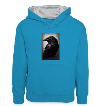 Corbeau Corbeau Corbeau Oiseaux Oiseaux Portrait d’animaux - Sweat à capuche contrasté Enfant - bleu paon/gris chiné - Devant