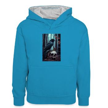 Rabe Raben Krähe Krähen Vogel Tier Skull - Kinder Kontrast-Hoodie - Pfauenblau/Grau meliert - Vorne