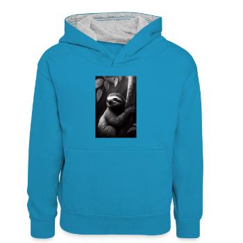 Faultier Faultiere Schlafen Faul Drawn - Kinder Kontrast-Hoodie - Pfauenblau/Grau meliert - Vorne