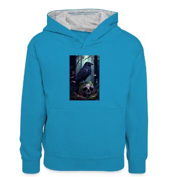 Corbeau Corbeau Corneille Oiseau Corneille Crâne d’animal - Sweat à capuche contrasté Enfant - bleu paon/gris chiné - Devant