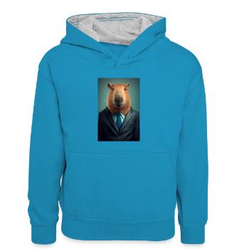 Capybara Wasserschwein Nagetier Tier Suit - Kinder Kontrast-Hoodie - Pfauenblau/Grau meliert - Vorne