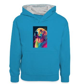 Golden Retriever Dog Rétro - Sweat à capuche contrasté Enfant - bleu paon/gris chiné - Devant