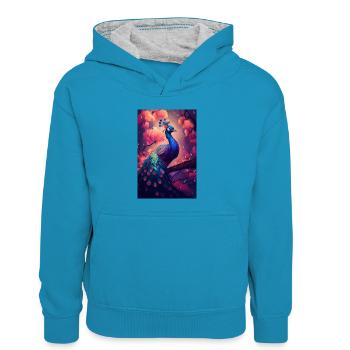 Paon Oiseau Animal Fleur de Paon - Sweat à capuche contrasté Enfant - bleu paon/gris chiné - Devant