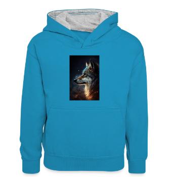 Wolf Wölfe Tier Jaulen Animal - Kinder Kontrast-Hoodie - Pfauenblau/Grau meliert - Vorne