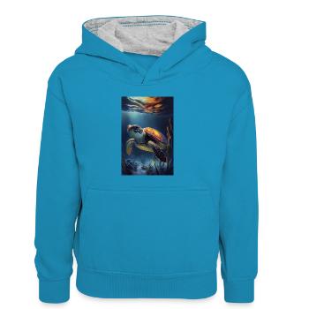 Tortue Tortue de mer Tortues - Sweat à capuche contrasté Enfant - bleu paon/gris chiné - Devant