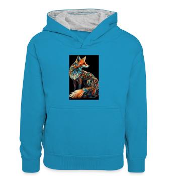 Ornement animal renard renard - Sweat à capuche contrasté Enfant - bleu paon/gris chiné - Devant