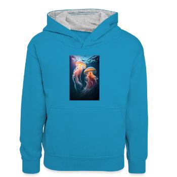 Méduses Méduses Colorées - Sweat à capuche contrasté Enfant - bleu paon/gris chiné - Devant