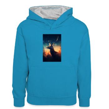 Reh Hirsch Jäger Tier Sunset - Kids’ Contrast Hoodie - peacock blue/heather grey - Front