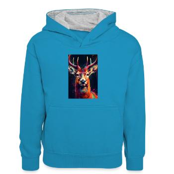 Reh Hirsch Jäger Tier Animal - Kinder Kontrast-Hoodie - Pfauenblau/Grau meliert - Vorne
