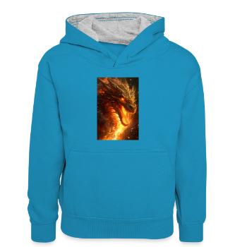 Drache Mystisch Drachen Fantasie Fire - Kinder Kontrast-Hoodie - Pfauenblau/Grau meliert - Vorne