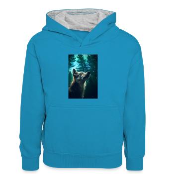 Wolf Wölfe Tier Jaulen Forest - Kinder Kontrast-Hoodie - Pfauenblau/Grau meliert - Vorne
