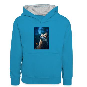 Wolf Wölfe Tier Jaulen Animal - Kinder Kontrast-Hoodie - Pfauenblau/Grau meliert - Vorne