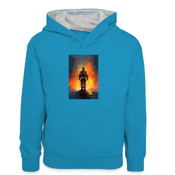 Feuerwehrmann Digital Art - Kinder Kontrast-Hoodie - Pfauenblau/Grau meliert - Vorne