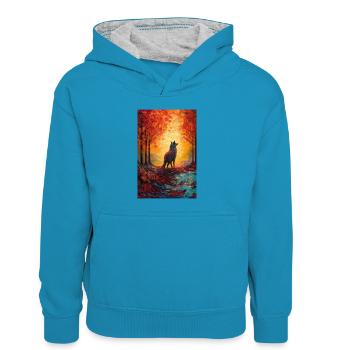 Wolf Wölfe Tier Jaulen Colorful - Kinder Kontrast-Hoodie - Pfauenblau/Grau meliert - Vorne