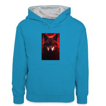 Wolf Wölfe Tier Jaulen Red - Kinder Kontrast-Hoodie - Pfauenblau/Grau meliert - Vorne
