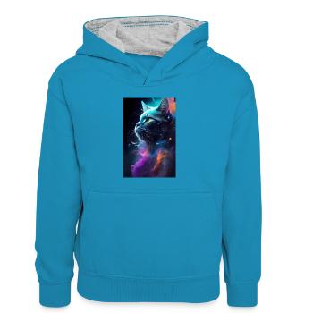 Cat Face - Kids’ Contrast Hoodie - peacock blue/heather grey - Front