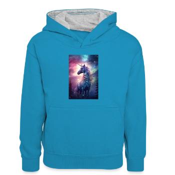 Einhorn Einhörner Märchen Magisch Galaxy - Kinder Kontrast-Hoodie - Pfauenblau/Grau meliert - Vorne