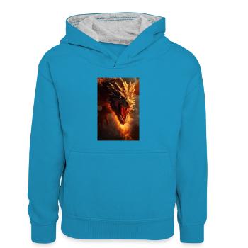 Drache Mystisch Drachen Fantasie Animals - Kinder Kontrast-Hoodie - Pfauenblau/Grau meliert - Vorne