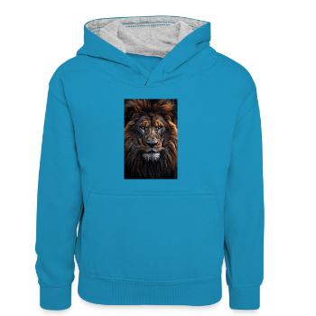 Löwe Löwen Tier Afrika Closeup Face - Kinder Kontrast-Hoodie - Pfauenblau/Grau meliert - Vorne