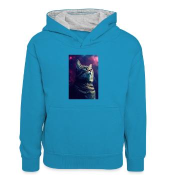Chat, Amoureux Des Chats, Propriétaire De Chat, Chaton - Sweat à capuche contrasté Enfant - bleu paon/gris chiné - Devant