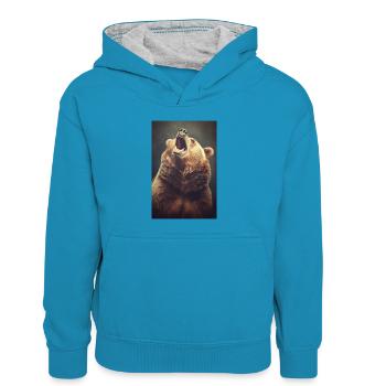 Ours Grizzli Ours brun Ours Ours Animaux - Sweat à capuche contrasté Enfant - bleu paon/gris chiné - Devant