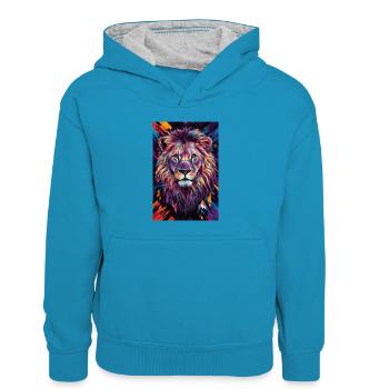 Lion Lion Animal Afrique Animaux - Sweat à capuche contrasté Enfant - bleu paon/gris chiné - Devant