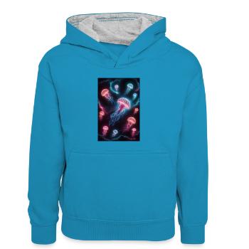 Méduse Méduse Animal - Sweat à capuche contrasté Enfant - bleu paon/gris chiné - Devant