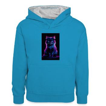 Chat Chats Amoureux Chat Propriétaire Chaton - Sweat à capuche contrasté Enfant - bleu paon/gris chiné - Devant
