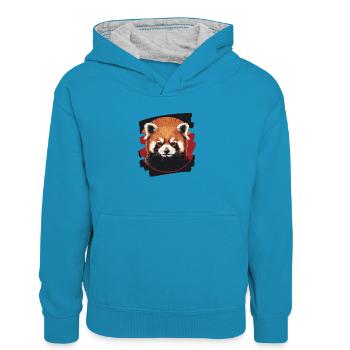 Petit panda - Sweat à capuche contrasté Enfant - bleu paon/gris chiné - Devant