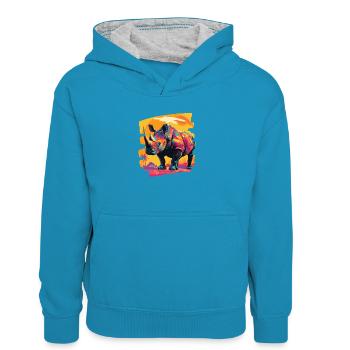 Rhinocéros - Sweat à capuche contrasté Enfant - bleu paon/gris chiné - Devant