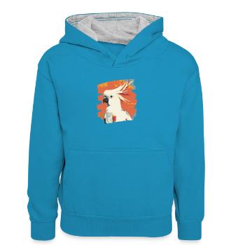 Kakadu - Kinder Kontrast-Hoodie - Pfauenblau/Grau meliert - Vorne