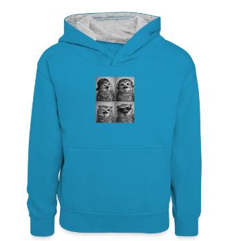 Eule - Kinder Kontrast-Hoodie - Pfauenblau/Grau meliert - Vorne