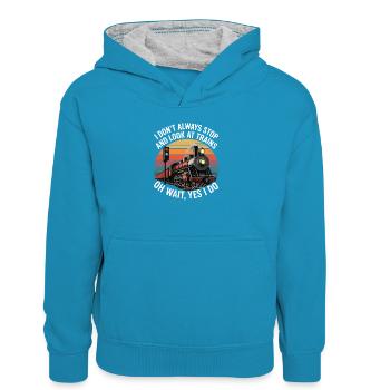 Ich halte nicht immer an, um mir Züge anzusehen - Kinder Kontrast-Hoodie - Pfauenblau/Grau meliert - Vorne