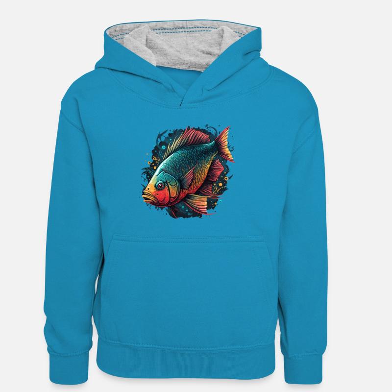 Poisson rouge - Sweat à capuche contrasté Enfant - bleu paon/gris chiné