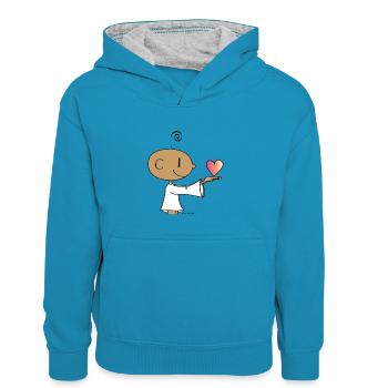 Der kleine Yogi - Kinder Kontrast-Hoodie - Pfauenblau/Grau meliert - Vorne
