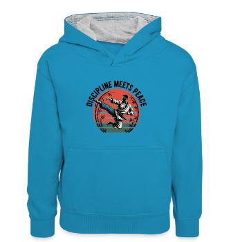Discipline Meets Peace - Kinder Kontrast-Hoodie - Pfauenblau/Grau meliert - Vorne