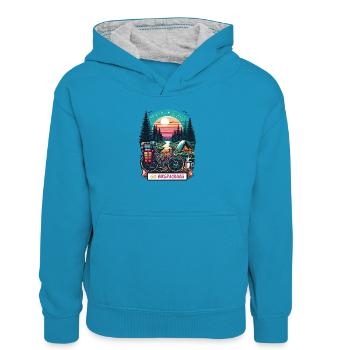Sunset Bikepacking Forest Escape - Kids’ Contrast Hoodie - peacock blue/heather grey - Front