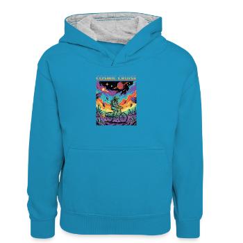 Cosmic Cruise Astronaut Rider - Kids’ Contrast Hoodie - peacock blue/heather grey - Front
