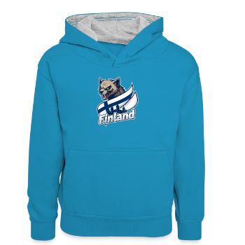 Le loup de Finlande avec drapeau finlandais - Sweat à capuche contrasté Enfant - bleu paon/gris chiné - Devant